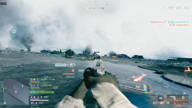 Battlefield 6 first-person view on an aircraft carrier deck with helicopters, smoke, and a pistol in hand.