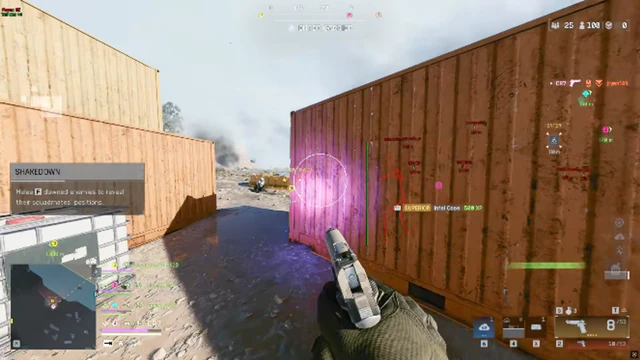 Battlefield 6 muddy container yard with reflective puddles between orange cargo boxes.
