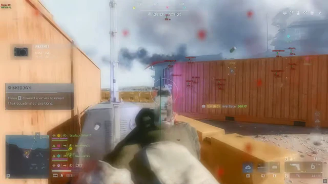 Battlefield 6 port map with stacked shipping containers, distant smoke plumes, and a bright overcast sky.