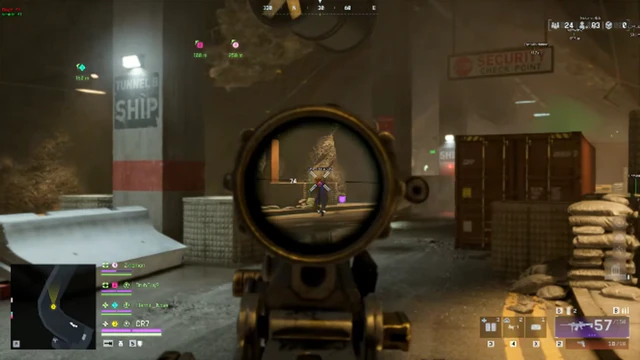 Battlefield 6 scoped rifle view down a concrete tunnel toward a security checkpoint sign.