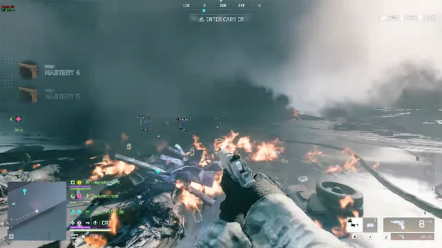 Battlefield 6 open battlefield obscured by smoke while holding a pistol near burning debris.