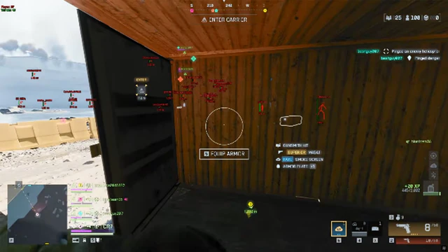 Battlefield 6 interior of a wooden shack opening onto a snowy lane with an on-screen armor pickup prompt.